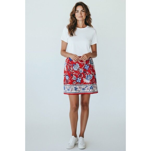 Talbots Petite 8P Red Floral Cotton Blend A-Line Skirt Lined 19” Length - Picture 2 of 5